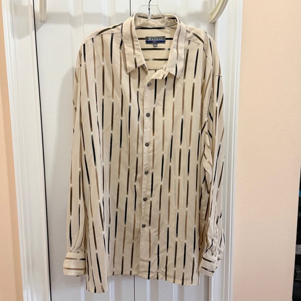 VTG Bassiri Uomo USA 3XL men’s casual button up shirt, Cream w/ black/brown